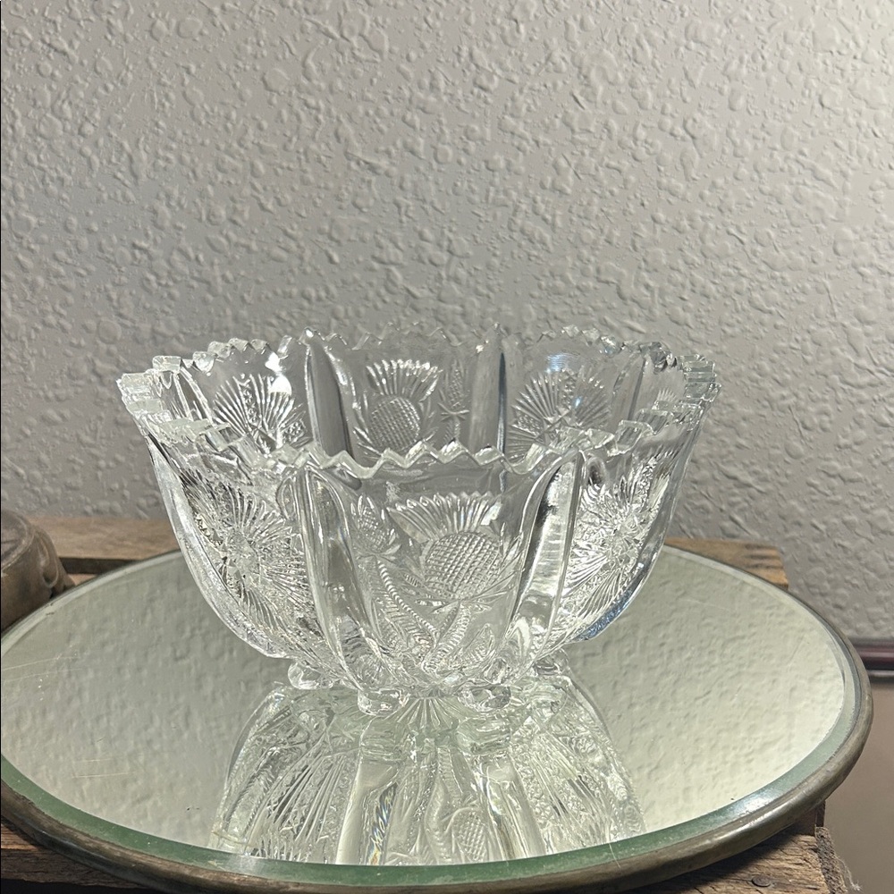 Pressed Glass Footed Decorative Bowl - Clear Glass Bee Mark Higbee
